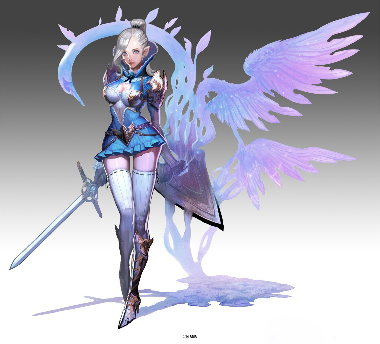 this is a digital painting of a female warrior in a blue and white outfit. she is holding a sword in her left hand and a shield in her right. she has long blonde hair and blue eyes. she is standing on a white background with a pair of translucent wings behind her.