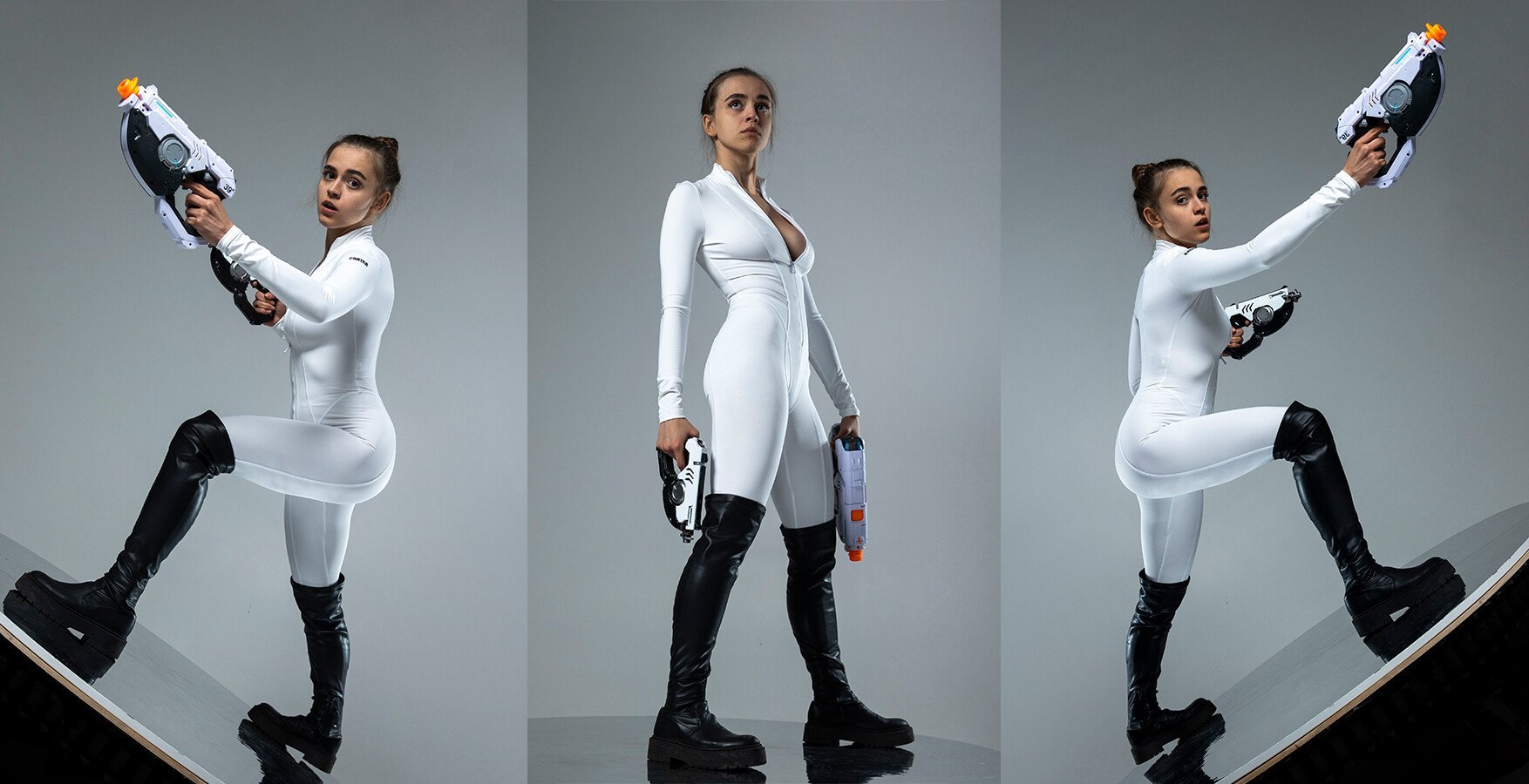 the image showcases a young woman in a white futuristic jumpsuit and black thighhigh boots striking three different dynamic poses. in each pose, she holds a futuristiclooking white blaster. the backdrop is a simple, neutral grey, making the model and her attire the focal points. the poses are energetic and suggest action, with the woman's stances and expressions conveying a sense of strength and readiness. the overall aesthetic is scifi or actionoriented.