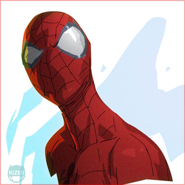 a closeup illustration of spiderman, a marvel superhero, looking down with a serious expression. he is drawn in a comic book style with bold lines and colors. the background is a simple gradient of blue and white.