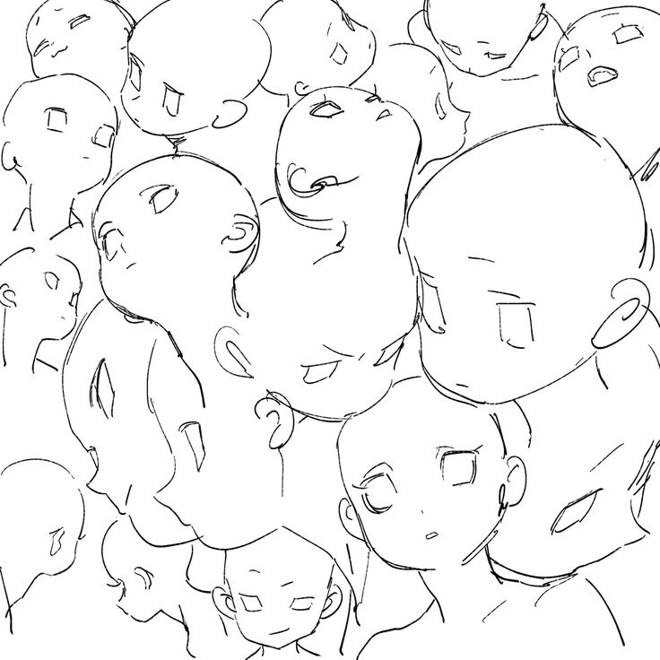 this is a black and white drawing of a group of people. the drawing is a simple outline of the people's faces and hair. the people appear to be anime or manga characters and are drawn in a cartoon style. there is a lot of detail in the eyes of the people and there are some details of their hair.  the people appear to be in various expressions.