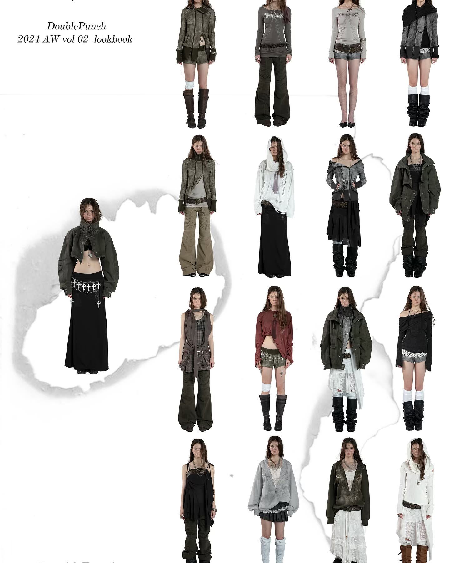the image is a lookbook for the doublepunch 2024 autumn/winter collection (vol. 02). it showcases a variety of women's clothing, including jackets, coats, skirts, pants, dresses, and boots. the style is dark, grunge, and urban, with a hint of postapocalyptic or dystopian influences.  the models are posed individually against a white background, with each outfit clearly displayed. the overall aesthetic is edgy and tactical. the lookbook is presented in a grid format, with multiple models shown in different outfits.