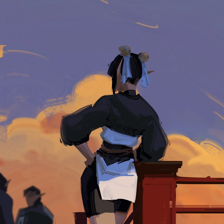 the digital painting showcases a female elflike character from behind, standing on a balcony or railing, gazing out at a sunset. her attire is a blend of fantasy and asianinspired clothing, featuring a dark jacket, a light blue sash, and a white apronlike garment. the style of the artwork is loose and painterly, with visible brushstrokes creating a sense of movement and atmosphere. the backdrop features a vibrant sunset with soft clouds, enhancing the peaceful and contemplative mood of the piece. two other less detailed figures can be seen in the background, adding depth and context to the scene. the overall color palette is warm and inviting, with muted purples and oranges dominant in the sky. the scene evokes a feeling of serenity and quiet observation.