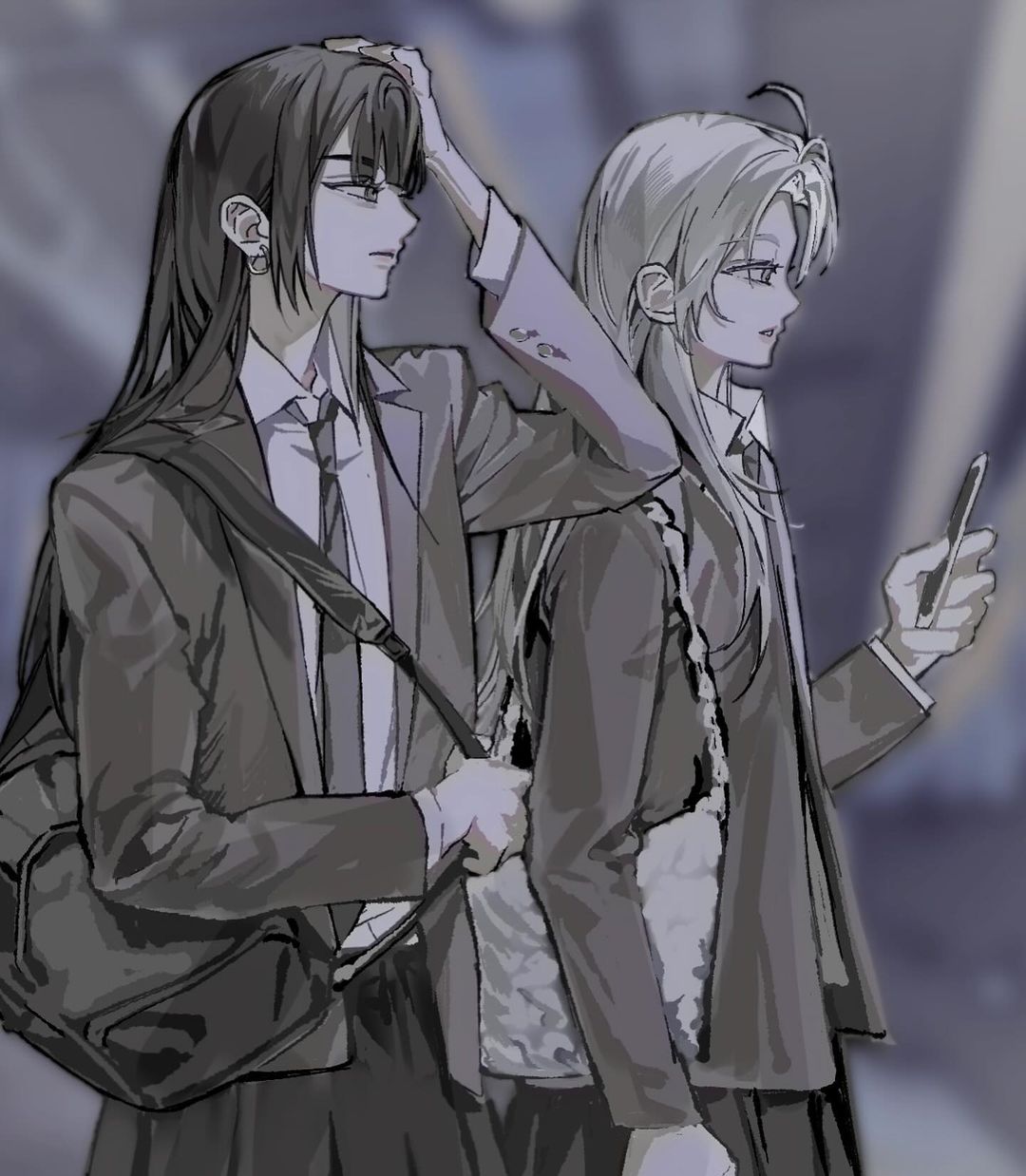 the image is a stylized grayscale anime or manga illustration depicting two young women, likely school students or young professionals. they are dressed in smart, somewhat uniformlike attire, including jackets and bags. one woman has long dark hair and is wearing glasses, while the other has shoulderlength light hair. they are walking close together in what appears to be a city setting, suggesting a sense of companionship or friendship. the art style is smooth and subtle, with soft lines and shading, creating an elegant and sophisticated mood.  one of the women is looking at her phone. the overall feel is modern and stylish.