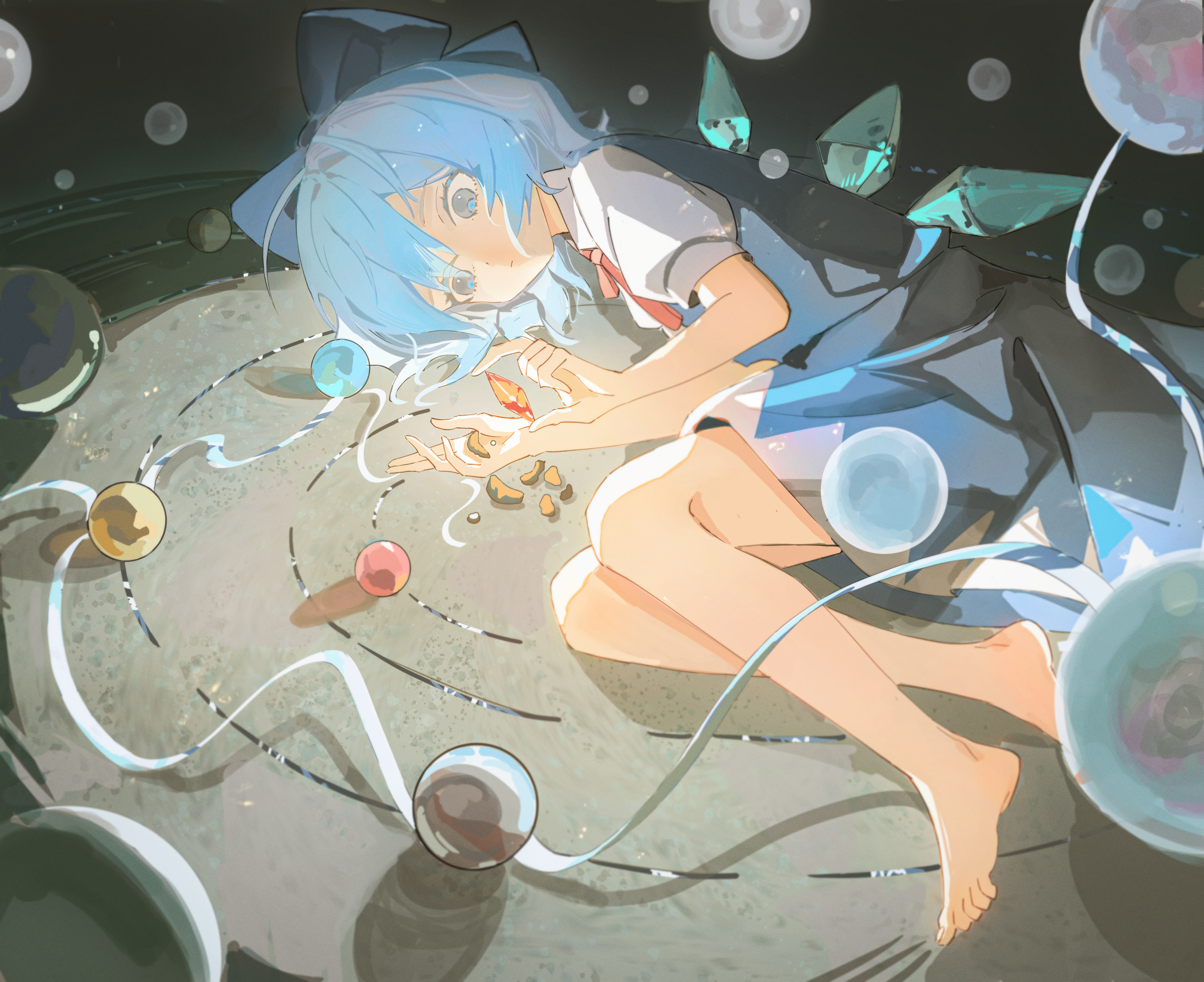 an anime girl with blue hair and a ribbon is lying down in a fantasy setting. she is wearing a school uniform and is barefoot. she is surrounded by floating spheres and has a gem in her hand. there are fairy wings behind her.