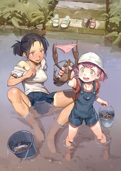 the image showcases two young girls wading and playing in a shallow, muddy creek. the older girl, sitting in the water, holds a crawfish that has caught a pair of pink underwear in its claws.  she looks at the viewer with a playful expression. the younger girl stands, ankledeep in the mud, offering a bucket to capture the crawfish.  she beams with delighted anticipation.  lush green foliage frames the background, suggesting a rural setting. the scene is bathed in soft, natural daylight, evoking a sense of carefree summer fun.