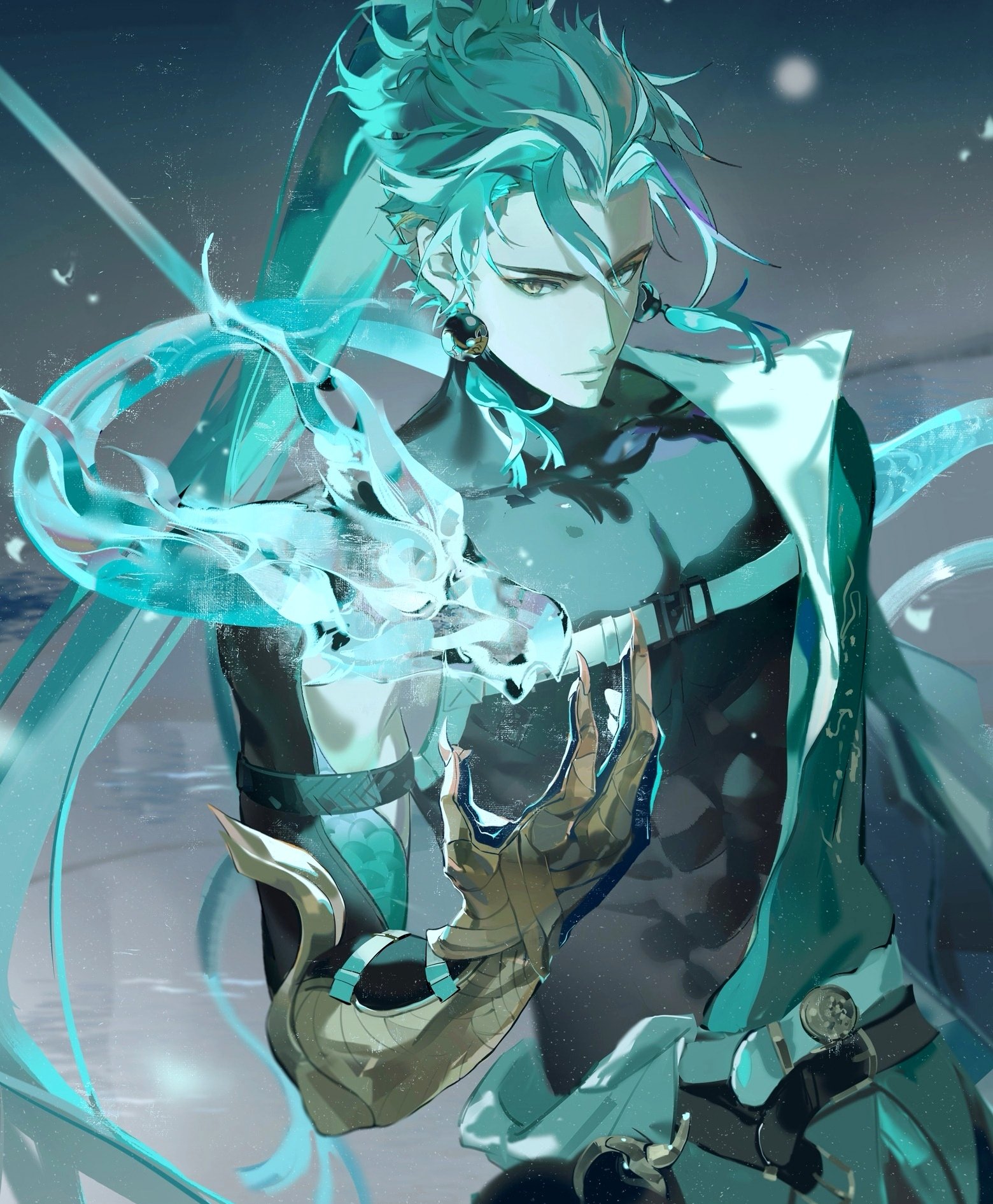 the image showcases a male character with striking teal hair styled in a long ponytail cascading down his back. he's garbed in an elaborate outfit, predominantly teal and black, adorned with intricate patterns and details. his attire hints at a fantasy setting. the most captivating element is the vibrant teal energy or magic he holds in his hand, emanating ethereal wisps and swirls. the overall aesthetic leans towards anime or manga style, characterized by sharp lines, expressive eyes, and dynamic posing. the backdrop features a blurred blend of blues and greens, possibly suggesting a watery or mystical environment.