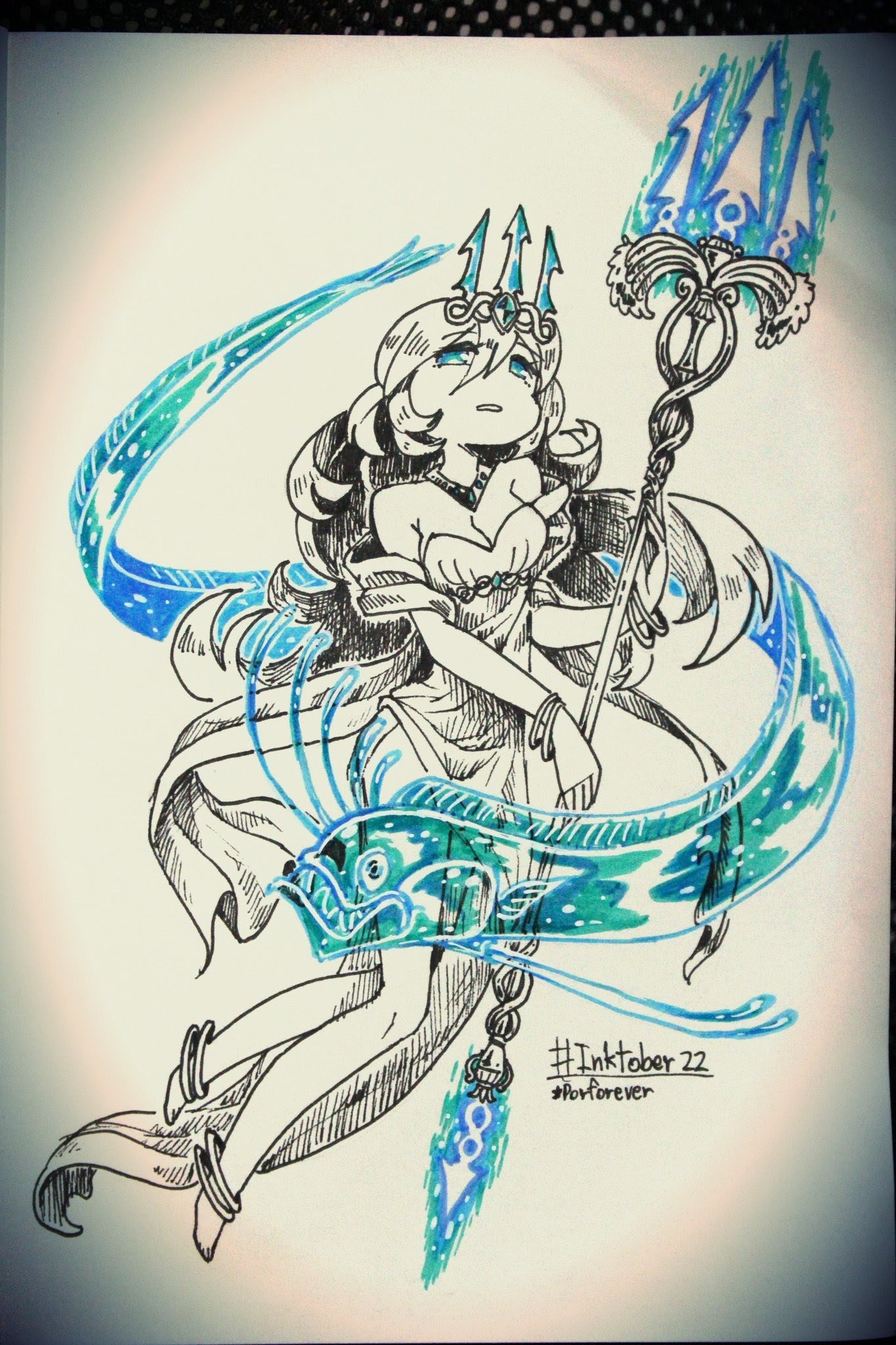 this is a digital art illustration of a mermaid girl holding a trident. the drawing is done in black ink with blue and green colors for the mermaid's hair and the trident. the mermaid has a crown on her head and is wearing a simple dress with a flowing tail. her eyes are wide and she has a gentle smile. the background is a swirling blue and green pattern. it's a whimsical and magical illustration that captures the beauty and wonder of the sea.
