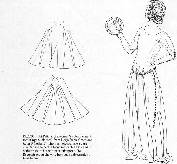 the image shows a pattern for a woman's outer garment found in herjolfsnes, greenland. the pattern consists of a bodice and skirt with gores. a reconstruction of how the dress might have looked is also included, showing a long, flowing gown with sleeves and a belt.