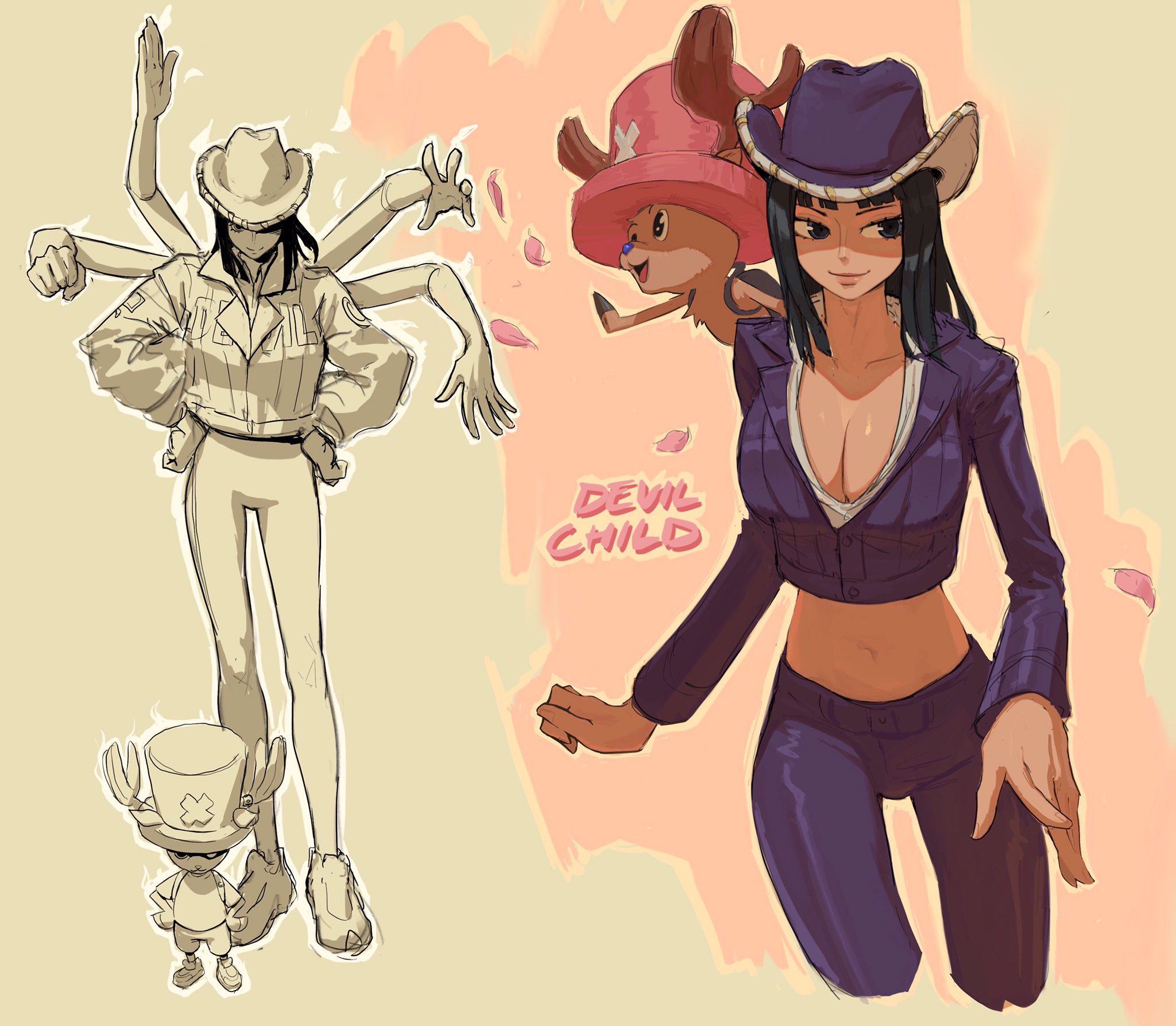 this digital drawing features two versions of nami from one piece. on the left is a sketchlike depiction of nami with multiple arms,  wearing a cowboy hat and a lightcolored jacket and pants, next to a small chopper. on the right, a more polished rendering of nami in a purple, pinstripelike suit and cowboy hat,  stands with chopper perched on her shoulder. the background is a soft peach color with stylized cherry blossom petals falling.  the words "devil child" are written in a stylized font near nami. the art style blends anime and manga aesthetics with a slightly western touch, due to the cowboy hats. the overall tone is playful and vibrant.