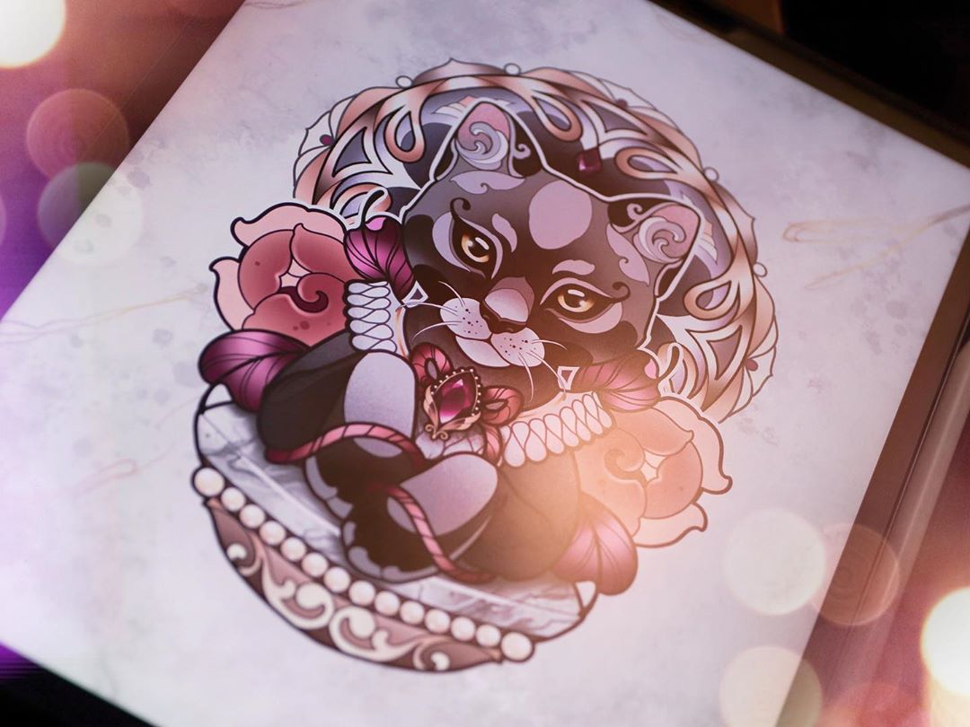 a digital illustration of a cat with a neotraditional tattoo aesthetic. the cat is black with yellow eyes and wearing a pearl necklace and a jeweled pendant. it's in a relaxed, almost regal, pose with its paws crossed. the cat is framed by an ornate golden design with flowers and pearls. the image has a soft, almost ethereal light to it.