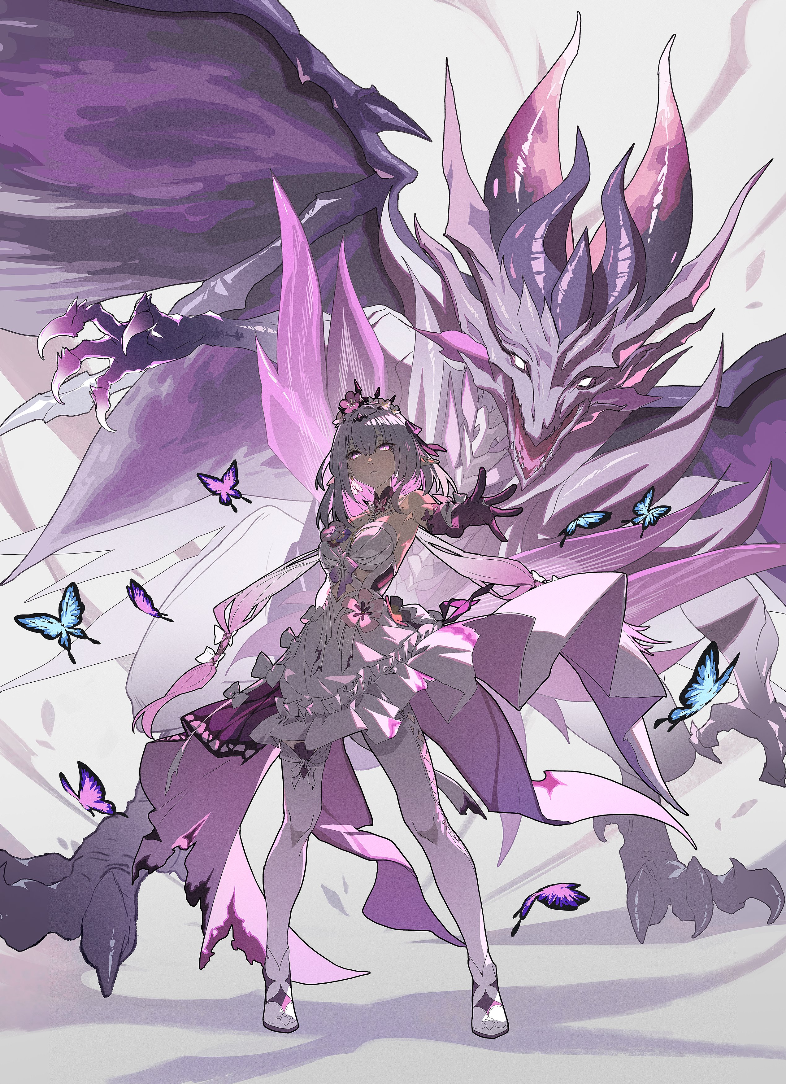 a fullbody anime illustration featuring a lightskinned female character in a white and purple dress with butterfly wings. she stands in front of a large, menacing purple dragon with sharp teeth and claws. several butterflies of various purple and blue hues flutter around them.