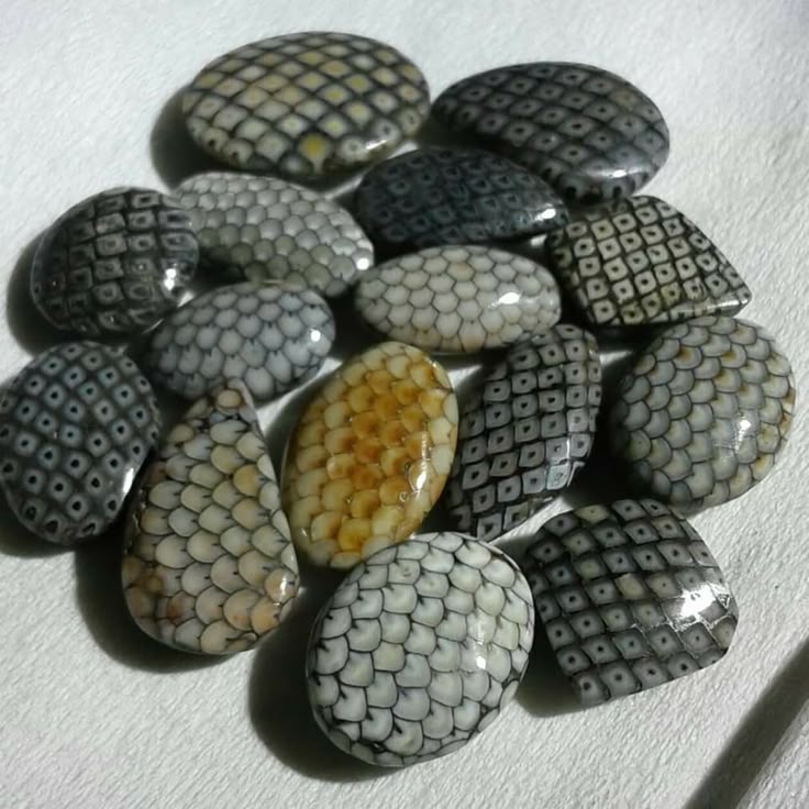 the image shows a collection of polished stones with various shapes and patterned surfaces. some stones feature a repeating scalelike pattern, while others display a gridlike geometric design. the stones are mostly in shades of brown, white, and gray and appear shiny and smooth. they seem to be arranged on a flat surface.