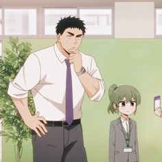 a cartoon drawing of an adult man with short black hair and a younger girl with short green hair. the man is wearing a white buttondown shirt, gray pants, and a purple tie. he is standing with his right hand on his hip and his left hand on his chin in a thoughtful pose. the girl is wearing a gray blazer over a white collared shirt and a black lanyard. she has a disgruntled expression on her face. the background suggests that they are in an office or classroom setting.
