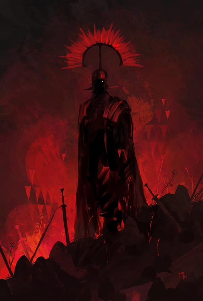 the image is a digital painting or illustration in a dark fantasy style. it depicts a shadowy figure, possibly a soldier or warrior, standing amidst a scene of carnage and fire.  the figure is cloaked and wears a helmet or crown with a spiky, radiant design, suggesting a powerful or perhaps demonic character. the color palette is overwhelmingly red and dark, emphasizing a sense of violence, chaos, and destruction. numerous swords and spears are scattered on the ground around the figure, further enhancing the feeling of a recent battle. the overall mood is ominous and mysterious, with the figure appearing both menacing and powerful. the background is filled with dark red flames, possibly suggesting a hellish or apocalyptic setting. the artist's signature is faintly visible near the bottom right.
