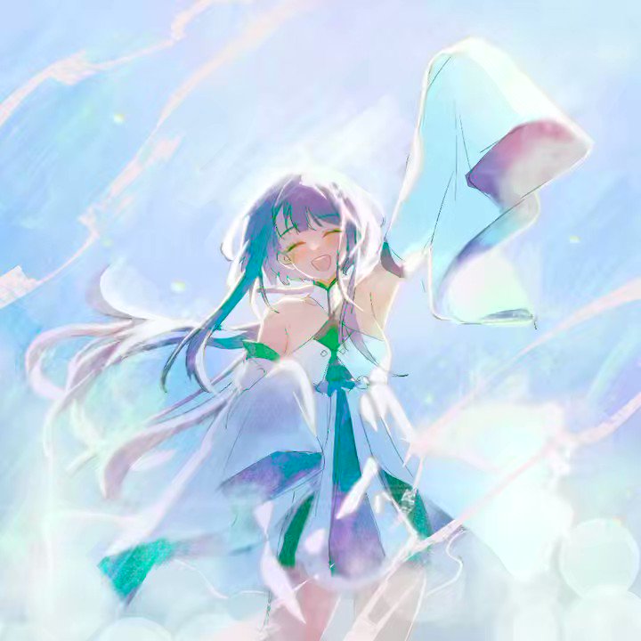 the image is a digital art piece depicting an anime girl with purple hair and a white dress, flowing in the wind. she is smiling happily, surrounded by white clouds and a blue sky. the overall tone is ethereal and dreamy. the artist has used soft colors and brushstrokes to create a magical and abstract scene.