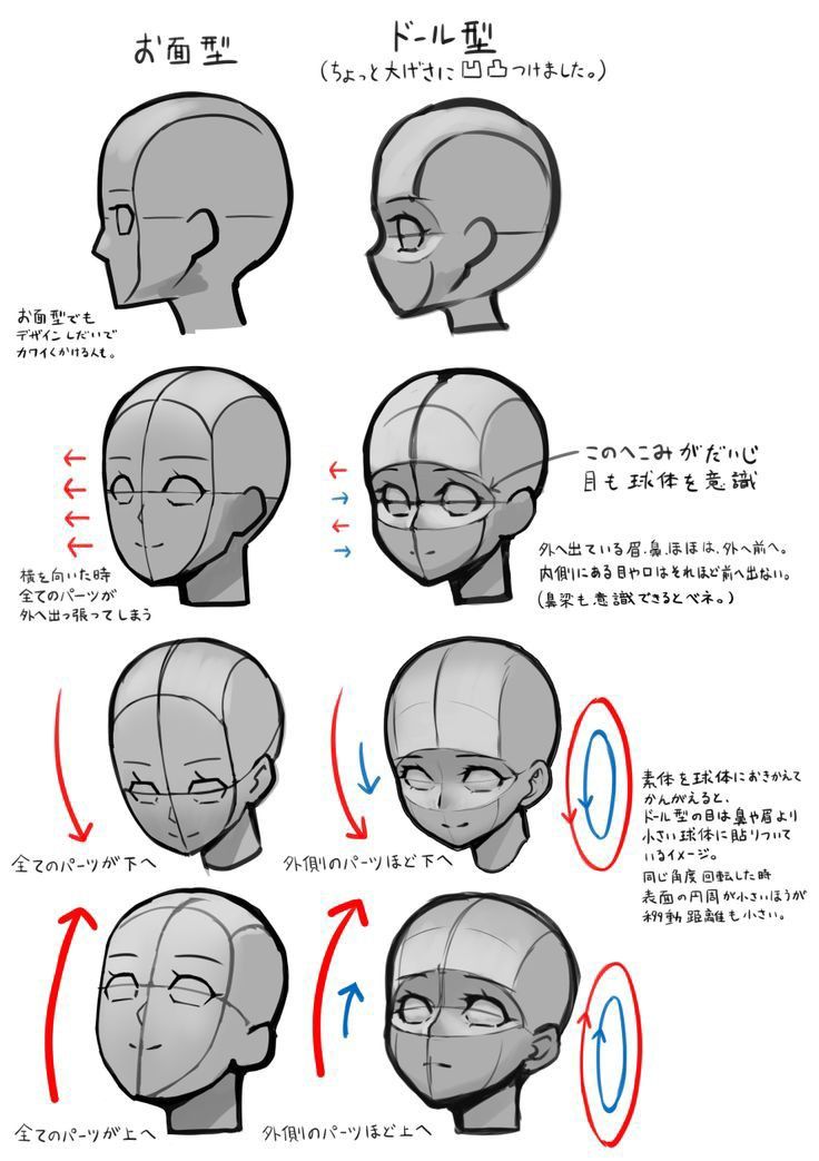 the image contains a tutorial comparing two different ways to draw a human head from the side in anime and manga styles. the tutorial is written in japanese. on the left side is the “omen gata” (mask type) where the face is flatter, and on the right side is the “doll gata” (doll type) where the facial features are more three dimensional. the tutorial points out the key differences in the shapes and positions of the eyes, nose, mouth, forehead, and chin for both styles, highlighting the importance of understanding the underlying skull structure. it also provides visual aids such as arrows and circles to illustrate concepts like the rotation of the head and the placement of facial features.