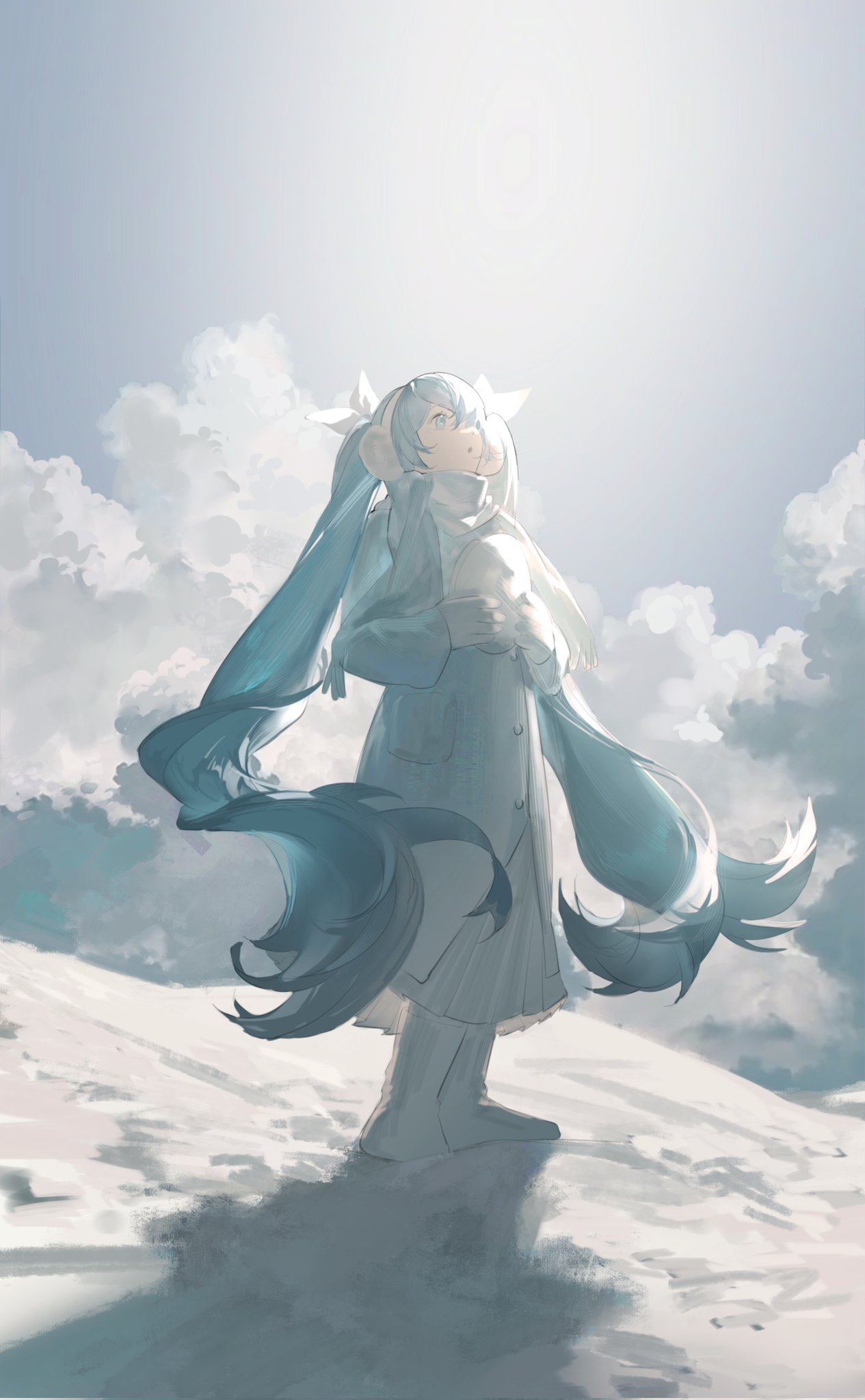 the image is a digital painting of hatsune miku, a popular japanese virtual singer, standing in a snowy landscape. she is wearing a white coat and boots, and her long, teal hair flows in the wind. the sky is bright and sunny, with fluffy white clouds. the overall atmosphere is peaceful and serene. the style is soft and dreamy, with a light and bright color palette.