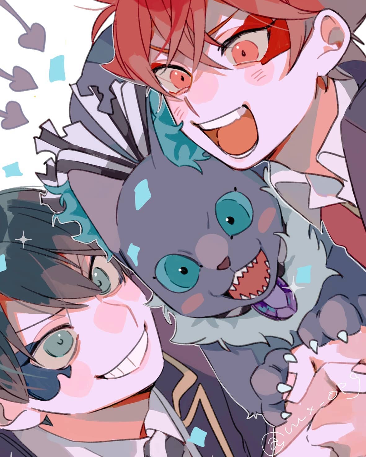 a vibrant digital drawing featuring three animestyle characters. two boys are prominently displayed, one with red hair and the other with dark hair. both boys are grinning broadly, exhibiting a cheerful disposition.  a stylized, tealcolored cat with exaggerated features is nestled between them. the art style is soft and slightly exaggerated, typical of modern anime and manga illustrations, creating a playful and heartwarming scene. the overall color palette is bright and saturated, further enhancing the cheerful mood.