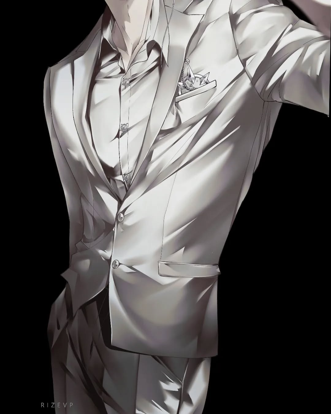 the image is a stylized digital artwork of a man's torso. he is wearing a sharply tailored, light grey suit with a crisp white shirt underneath. the suit's fabric is depicted with a smooth, almost reflective quality, giving it a luxurious appearance.  a small, detailed pocket square is visible in his breast pocket. the overall style is elegant and sophisticated. the background is black, which enhances the contrast and emphasizes the detail of the suit and the character's form. the artist's signature, "rizevp," is subtly included in the bottom left corner. the image is drawn in a style that blends realism with the aesthetics of anime or manga.