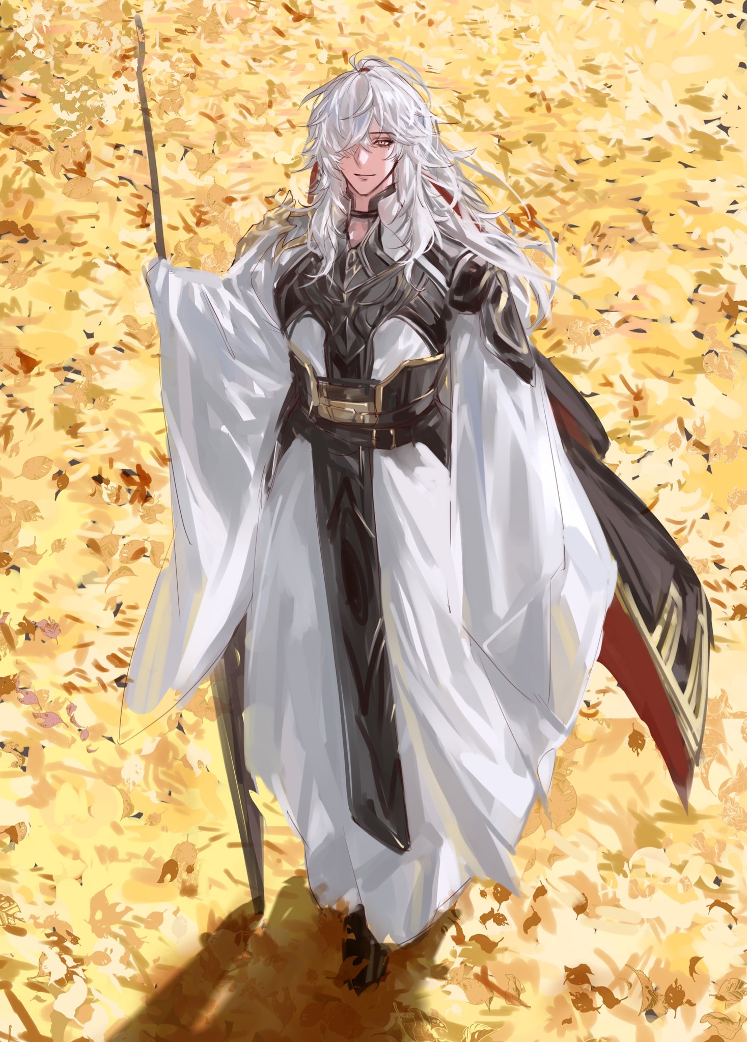 a white haired anime character stands in a field of yellow flowers, holding a sword. they are wearing white and black clothing and look ready to fight.
