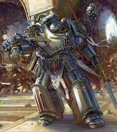 a grey knight space marine stands among the ruins of a temple, his power armor gleaming in the artificial light. he holds a large sword in his right hand, and his left hand is clenched into a fist. the grey knights are a secretive and powerful chapter of space marines dedicated to fighting daemons.