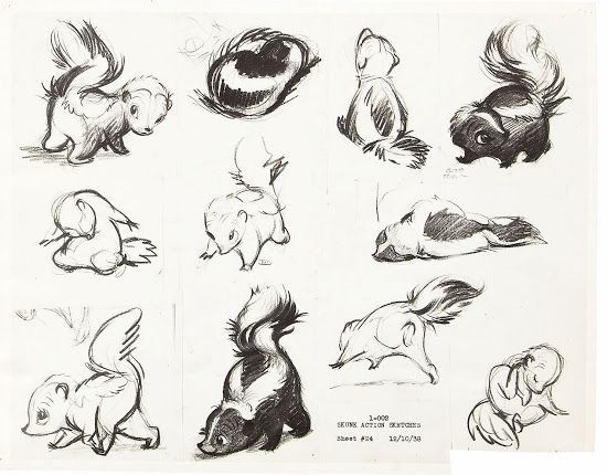 a sheet of black and white pencil sketches depicting various poses and expressions of cartoon skunks. the sketches appear to be animation studies or concept art, possibly from the walt disney studio based on the style. the sheet includes a variety of skunk actions such as walking, sitting, sleeping, and looking around. there are annotations indicating "skunk action sketches" and a date of "12/10/38", suggesting this is an older or vintage piece.