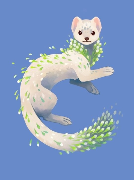 a digital illustration of a white ermine, also known as a stoat, adorned with green leaves. the animal is positioned in a curve with its tail looping around, and is set against a light blue background.