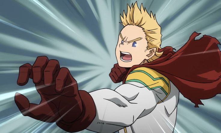 this is a digital illustration of mirio togata, a character from the popular anime series my hero academia. he is depicted in his hero costume, which is predominantly white with yellow and red accents. he is in midaction, his hand is in a fist, and his cape is billowing behind him. the background is a blur of motion lines, suggesting that he is moving at a high speed. the overall aesthetic is dynamic and energetic, reflecting the actionpacked nature of the anime series.
