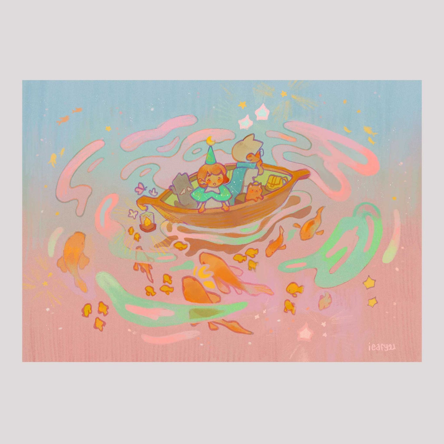 the image is a digital painting depicting a whimsical scene of a small boat floating on a pastelcolored body of water filled with goldfish.  three characters – a girl wearing a party hat, a boy, and a cat – are in the boat, seemingly embarking on a magical journey.  the water has a dreamy, swirling effect, and the sky is filled with faint stars. the overall style is soft, cute, and fantastical. the color palette is primarily pastel pinks, teals, and greens, creating a calming and whimsical atmosphere.