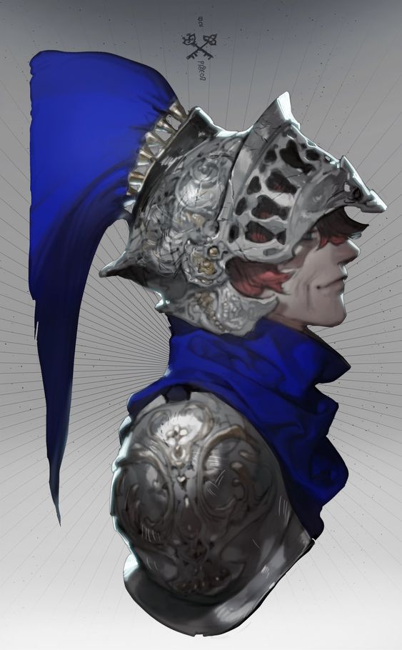 the image presents a digital painting of a knight's head and shoulders in profile view. the knight wears ornate silver armor with intricate details, a long flowing blue plume attached to the helmet, and a blue fabric gorget. the visor of the helmet is open, revealing the face of a fairskinned man with reddish hair, who gazes calmly off to the right. the background features a subtle radial pattern emanating from behind the knight, creating a sense of depth. the overall style of the image is painterly and evocative of fantasy art.