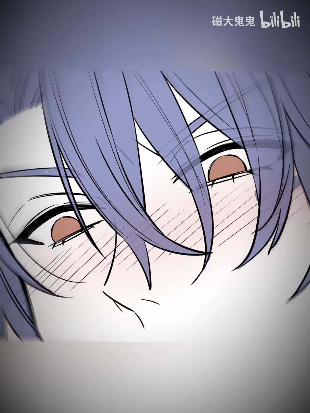 the image is a closeup illustration of an animestyle male character.  he has short, purplishlilac hair and is depicted blushing, with his eyes slightly closed and downcast, suggesting shyness or embarrassment. the art style is reminiscent of manga and anime, with distinct linework and shading. the character's expression is subtle yet conveys a sense of soft emotion.  there's text in the upper right corner that includes the chinese characters for "傲嬌大男鬼" (àojiāo dànán guǐ which translates to something like arrogant and shy man ghost) and the bilibili logo, suggesting the image may be fanart from or associated with the platform. the overall color palette is soft and muted, with pastel shades of purple and pink dominating the image.