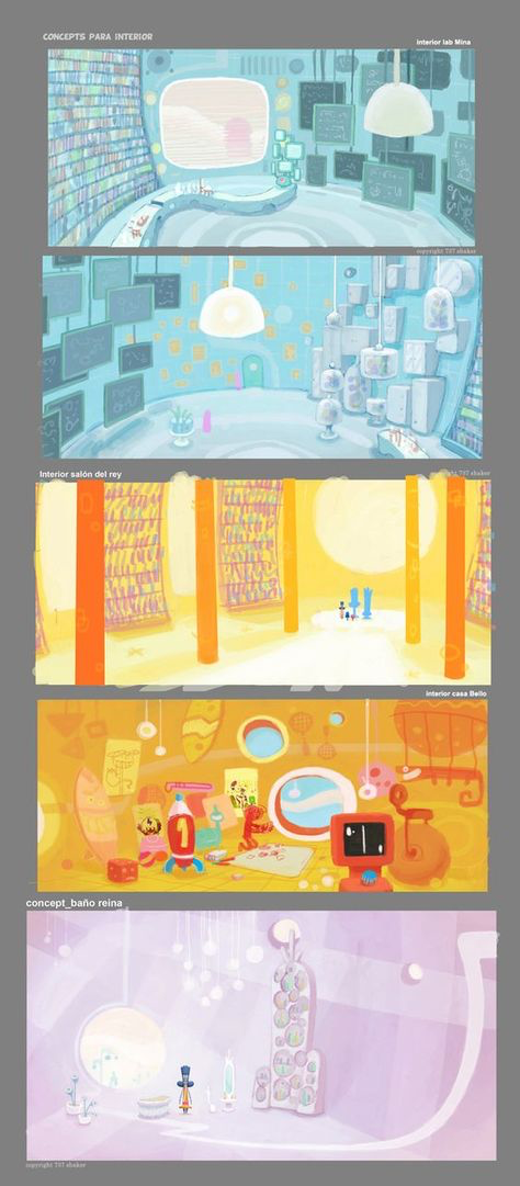 this image showcases four different room concepts, possibly for an animated series or film. each room is characterized by a distinct color scheme and features a unique architectural style, such as a futuristic and whimsical design. the topmost concept is a bluetoned room with curved walls, numerous bookshelves, and a large window with a view of a distant planet. the next one is a light blue room with circular windows, a lot of white furniture and shelves, and a tall structure in the center. the third concept is a yellowtoned room with large rectangular windows, a light orange wall, and thin orange columns. the final concept is a soft purple room with a large white oval window, a white structure on the right, and a small figure in the middle.