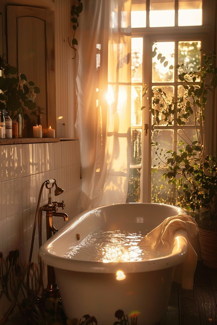 a warm and inviting bathroom scene featuring a vintagestyle bathtub filled with water, illuminated by sunlight streaming through a window. plants and candles add to the cozy atmosphere. a gold faucet stands next to the tub, complementing the warm color scheme. the room is adorned with white tiles and a wooden floor.