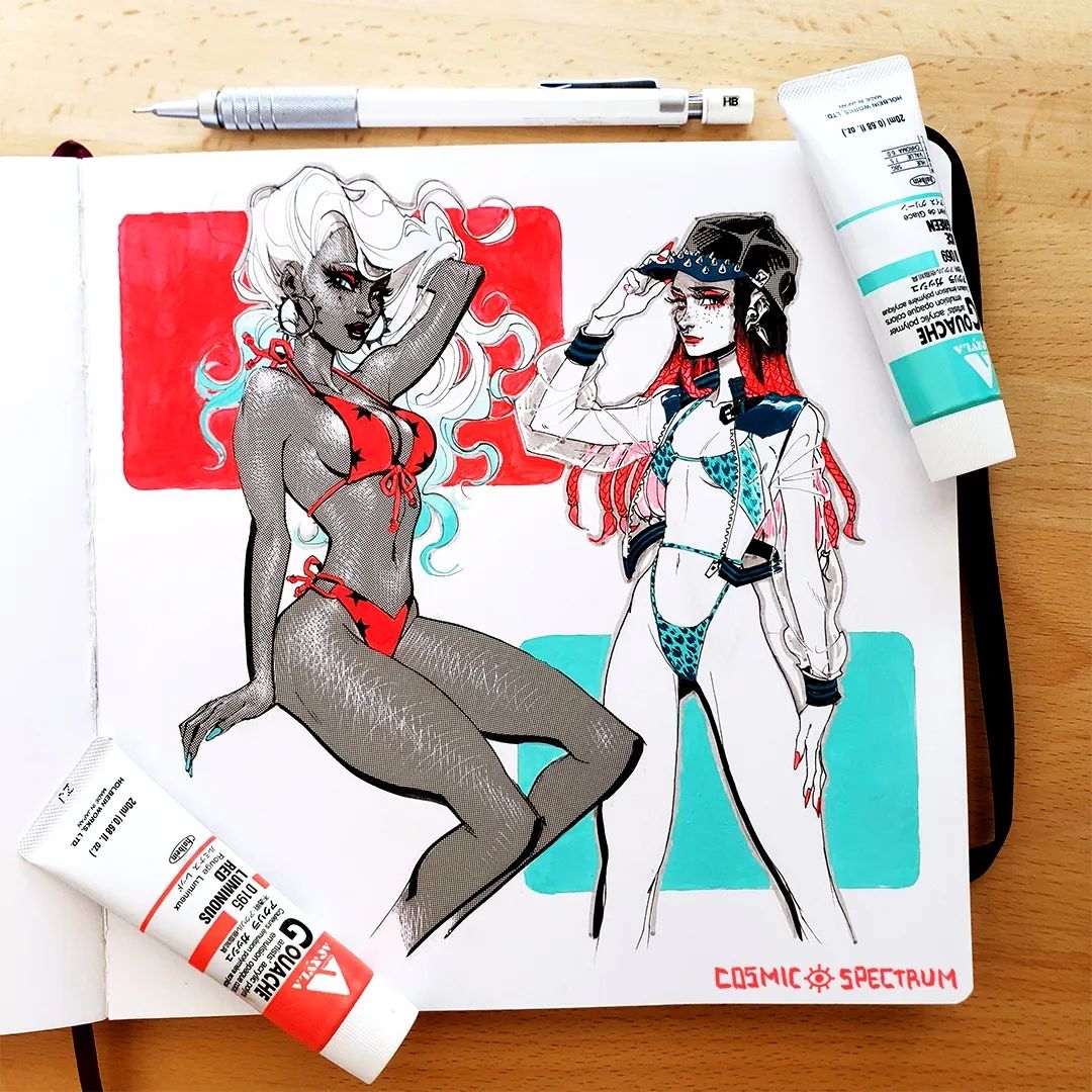 the image shows a sketchbook spread featuring two distinct digital illustrations of women in swimsuits.  one woman has long white hair and is depicted in a red starprint bikini, posed seductively. the other woman has long red hair, wears a cap, and is shown in a turquoise bikini and a light jacket, styled more casually.  both figures are rendered in a dynamic style combining grayscale shading with bright color accents.  the artwork is surrounded by tubes of gouache paint (red and turquoise),  a pen, and a sketchbook. the words "cosmic spectrum" are visible in the bottom right. the overall style suggests a comic book or graphic novel aesthetic.