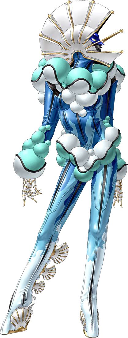 a digital illustration of a woman in a futuristic, fantasyinspired outfit, rendered in vibrant blues, greens, whites, and golds. the woman's design is characterized by large, flowing, organic shapes, resembling bubbles and waves, with striking gold accents. her head is adorned with an elaborate helmetlike headdress, creating a sense of regality and power. her clothing, particularly her boots, features intricate details, resembling scales or shells, adding to the overall fantasy aesthetic. the pose and expression of the figure exude confidence and grace, suggesting a powerful and perhaps even magical being.