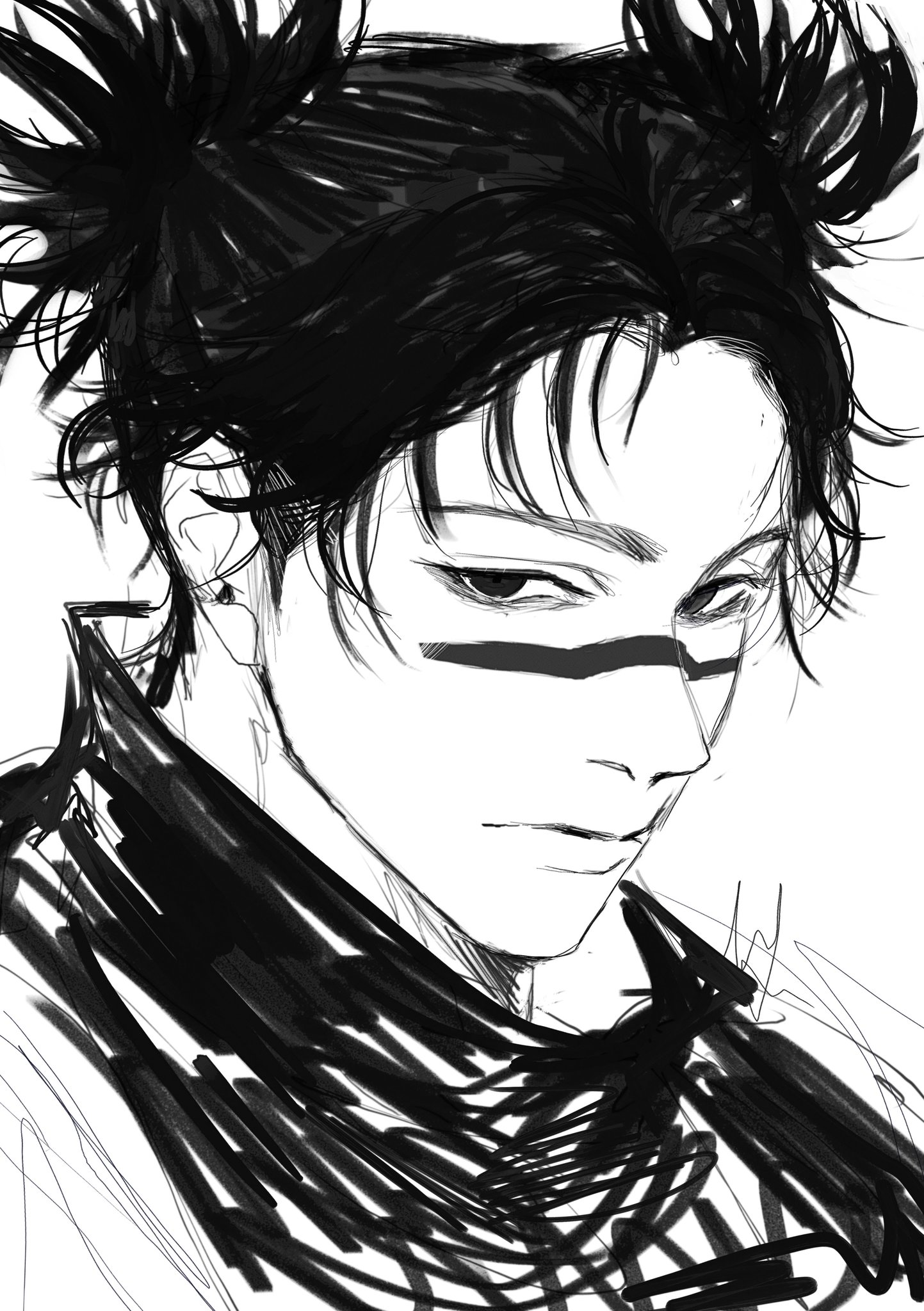 a black and white line art drawing of an anime boy with messy hair in two buns. he has a serious expression on his face and is wearing a dark collar or scarf. the drawing is done in a sketchy style with bold lines and highlights.