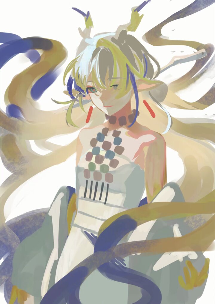 this is a digital painting of an anime girl with long blonde hair and a white dress. she is standing in front of a white background. there is a lot of light and ethereal energy in the painting, and she seems to be floating or suspended in midair. she is very elegant and graceful. the painting is done in a soft, dreamy style, with a lot of blurry and abstract shapes.