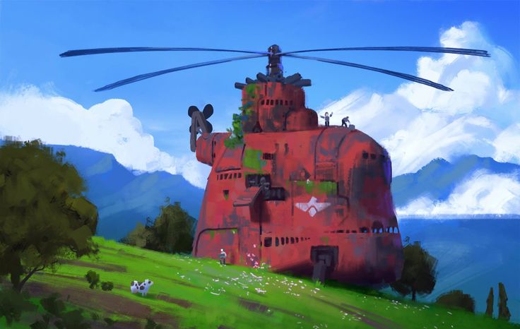 the image depicts a large, rusty red helicopter that has been repurposed into a home. it sits atop a grassy hill, with a few people working on its exterior. the helicopter is overgrown with vines and other foliage, and its rotors are partially missing. the surrounding environment is idyllic, with lush green grass, trees, and a bright blue sky dotted with fluffy white clouds. a single cow grazes peacefully in the foreground, further emphasizing the tranquility of the scene. in the distance, rolling mountains create a picturesque backdrop. the overall effect is both whimsical and slightly melancholic, hinting at a world where technology and nature have found a unique balance.
