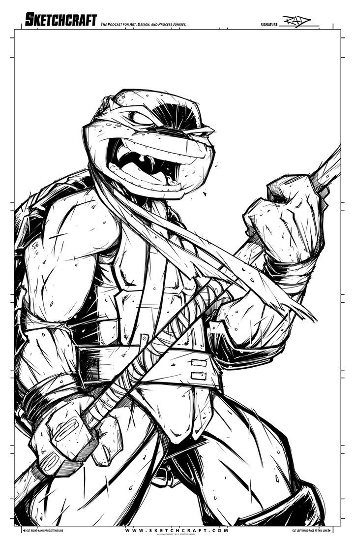a black and white line art drawing of a teenage mutant ninja turtle, likely raphael, holding a katan. the character has a fierce look on his face.
