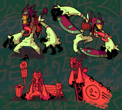 a series of drawings shows a red and green monster character in various poses. the top row shows the character from the knees up in two different action poses. the bottom row shows the character from the waist up in three different idle poses: waiting at a bus stop, sitting on a bench, and leaning against the side of a bus. the character has a long tongue, sharp teeth, and three eyes. it is wearing a loincloth and armbands. the style of the drawings is cartoonish and exaggerated.