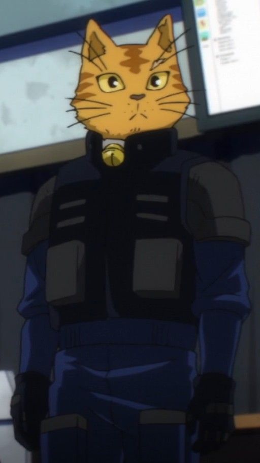 the image showcases a closeup of an anime character with a distinctive feline appearance. the character, possibly a humanoid cat, sports a realistic orange tabby cat head complete with prominent whiskers and a golden bell around its neck. they are clad in a sleek and functional blue and black uniform, reminiscent of a futuristic spacesuit or pilot gear, featuring multiple pockets and silver accents. the setting suggests an indoor environment, perhaps a spacecraft or a technologically advanced facility, as indicated by the partially visible computer screens in the background. the lighting is bright and sharp, highlighting the character's determined expression and emphasizing the vibrant colors of their fur and uniform.
