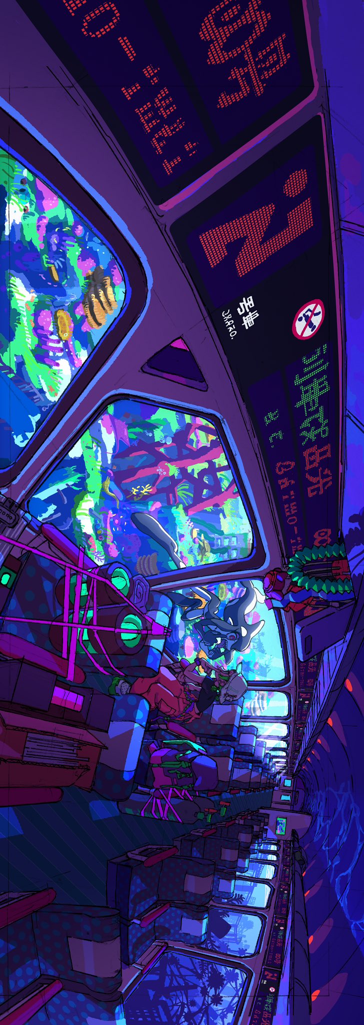 the image depicts the inside of a futuristic, neonlit vehicle, possibly a spaceship, soaring above a sprawling cityscape. two passengers are visible, seated comfortably amidst glowing consoles and screens displaying the mesmerizing view. the artwork exudes a strong cyberpunk aesthetic, characterized by its vibrant color palette, detailed environment, and focus on technology and urban landscapes. the wideangle perspective from below emphasizes the grandeur of both the vehicle and the city.