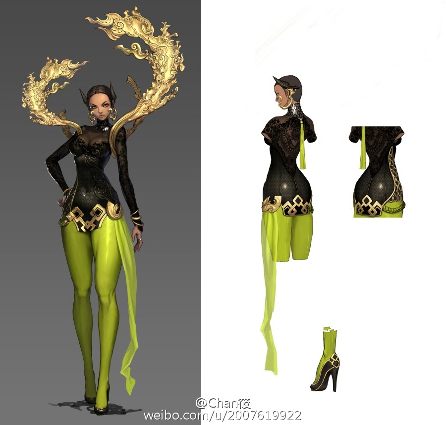 the image showcases a digital character concept for a female warrior. she's adorned in a striking black and green outfit with golden accents. the ensemble features a black bodice with intricate golden patterns, paired with vibrant green leggings. a prominent golden headdress with a dragon motif adds to her commanding presence. the character is presented against a neutral background, allowing the details of her attire to take center stage. the artwork includes multiple views – front, back, and side – providing a comprehensive look at the character's design and outfit.