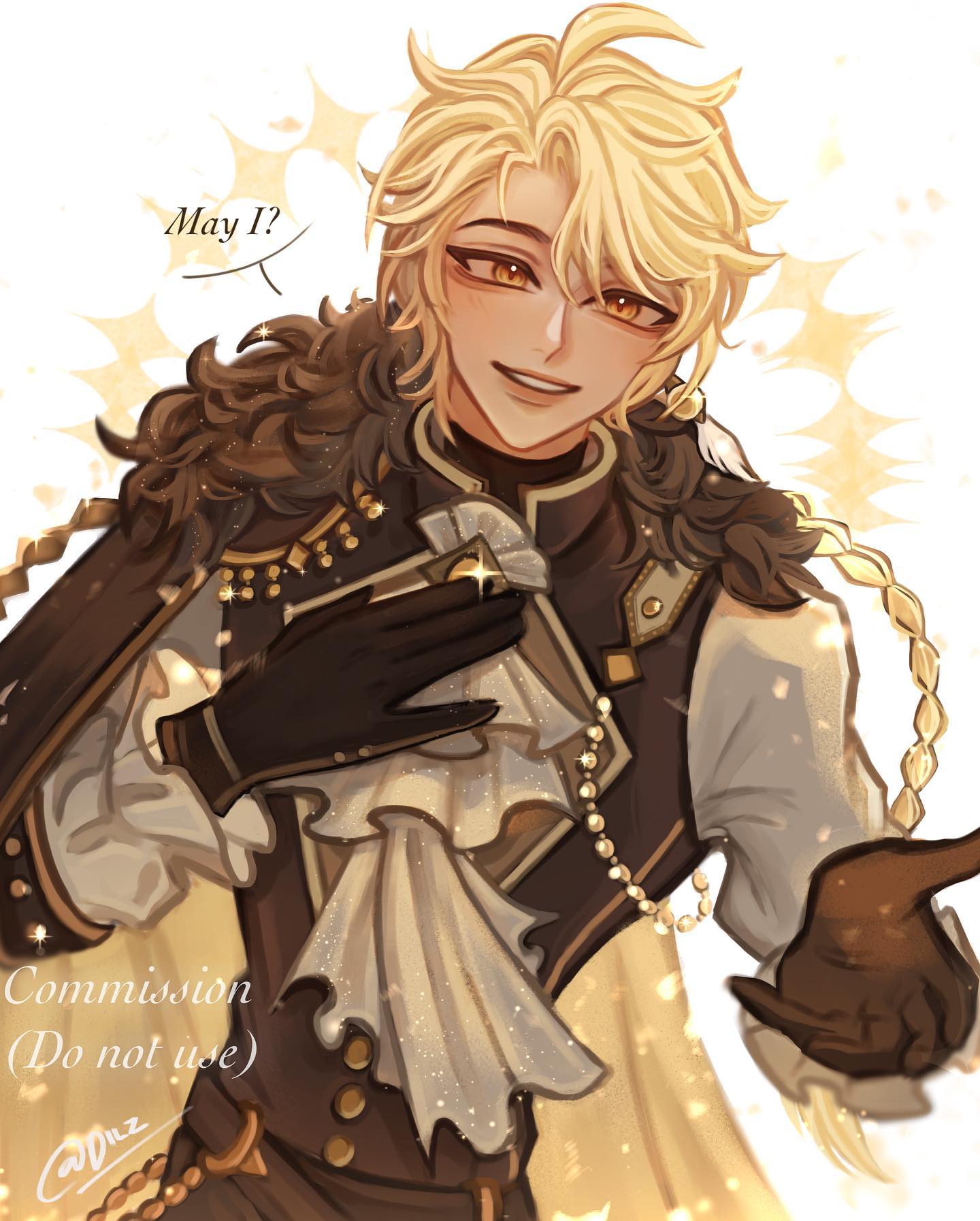 the image is a digital fan art illustration of a male animestyle character. he has blond hair, golden eyes, and is dressed in an elaborate, elegant outfit featuring a dark coat, waistcoat,  gloves, and a pearl necklace.  he's holding a lightcolored fabric item, possibly a handkerchief or part of his clothing. the character has a gentle, smiling expression and is surrounded by sparkling, magical light effects. a speech bubble above him says "may i?". the bottom left corner shows a watermark indicating the artwork is a commission. the art style is reminiscent of that seen in genshin impact, a popular video game.  the overall mood is romantic and charming.