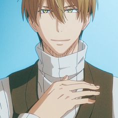 this is a portrait drawing of an anime man with brown hair and green eyes. he is wearing a white turtleneck sweater and a brown vest. the man has a slight smirk on his face, and his hand is resting on his chest.
