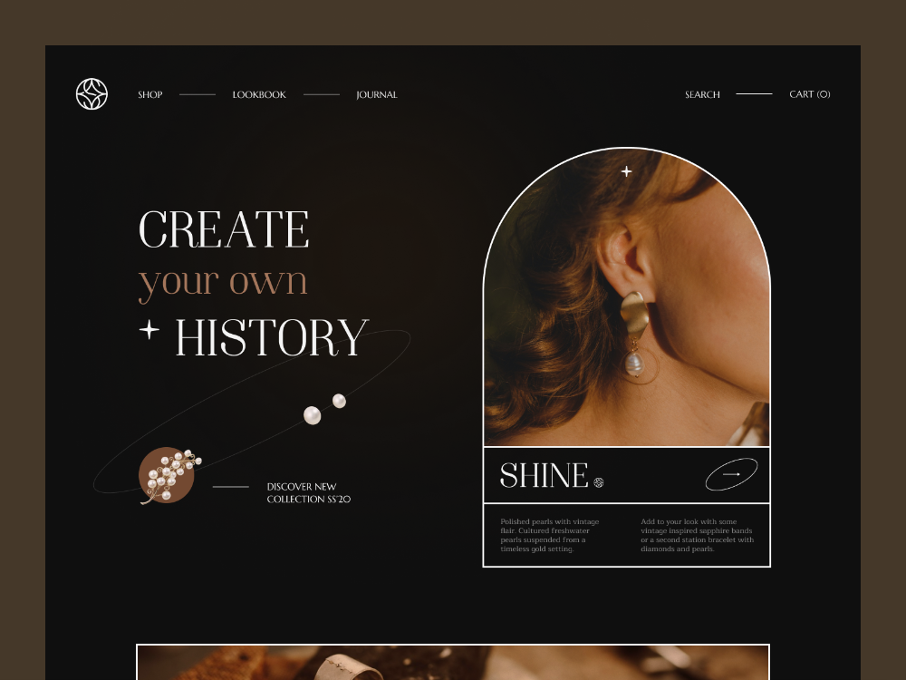 the image features a closeup of a woman's ear adorned with elegant pearl and gold earrings. the background is a dark, sleek design with white text that highlights the brand's name and tagline, "create your own history." the image is a beautiful and sophisticated advertisement for jewelry, emphasizing the timeless elegance of pearls and gold.
