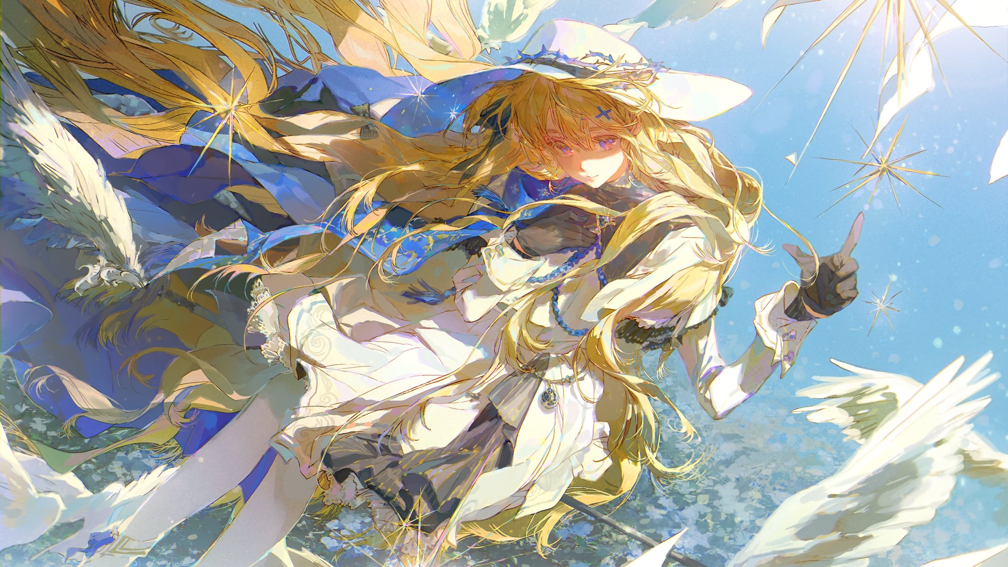 an animestyle illustration of a blondehaired woman with blue eyes, wearing a white hat, a white and blue outfit, and black gloves. she is surrounded by white birds and floating stars, and she is pointing her finger towards the sky. the background is a light blue. the art style is painterly and detailed.
