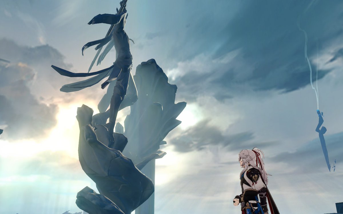 a character from the game genshin impact stands below a large statue in a dramatic and ethereal setting. the character is silhouetted against a bright sky with puffy clouds, while the statue stands tall and imposing on a rock formation. the figure is wielding a sword and appears to be looking up at the statue with a sense of awe or contemplation.