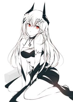 a black and white sketch of a young woman with long white hair and horns, suggesting she's a demon. she has striking red eyes and is wearing a revealing black dress. the style is reminiscent of anime or manga. the lighting is soft, giving the image a gentle feel despite the character's potentially fierce nature. the low perspective adds a sense of dominance to the character.