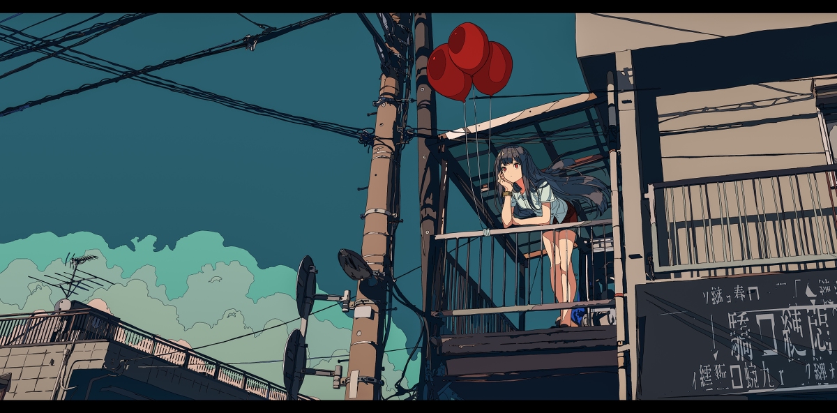 the image is a digital illustration in a manga style, depicting an anime girl with long dark hair standing on a balcony overlooking a bustling japanese city.  three red balloons are tied to the balcony railing behind her. the cityscape is detailed, showing a mix of buildings, power lines, and a cloudy sky. the girl is dressed casually and appears to be lost in thought, looking away from the viewer. the overall atmosphere is calm yet melancholic. the art style is characterized by bold lines, vibrant yet muted colors, and a stylized representation of the environment.